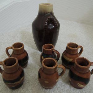 Sake Set Ceramic Pottery Sake Carafe and 6 Cups Antique Flask + Cups